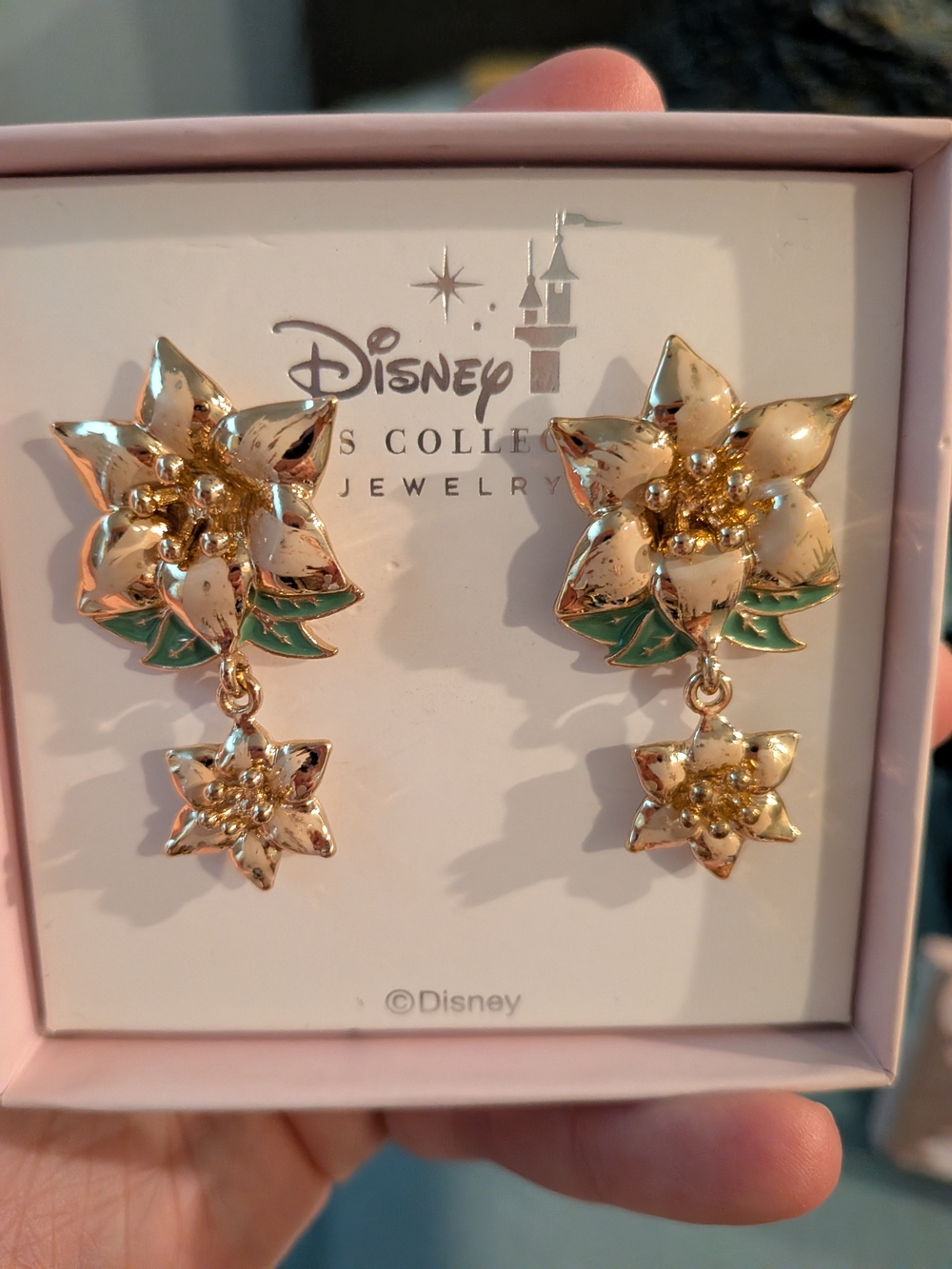 Disney Gold Floral Drop Tiana Earrings with Green Enamel Leaves